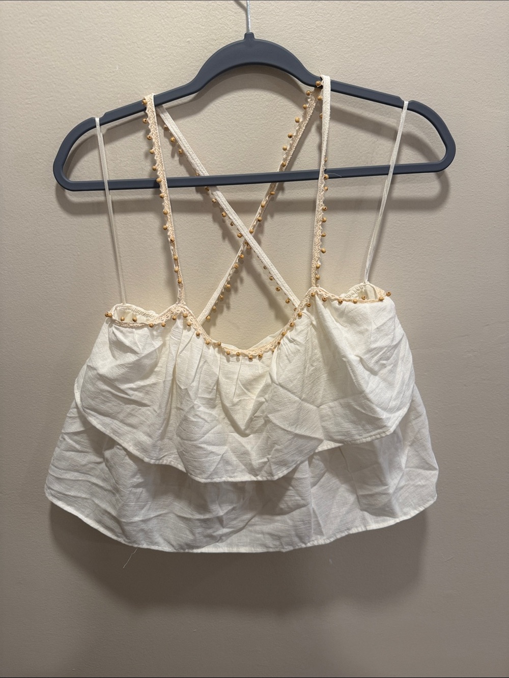 Cream Ruffle Crop Top with Beaded-Trim Straps